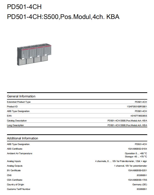 P501 Panel PD501 1SAP260100R3001 ABB PD501-4CH Analog I/O Module